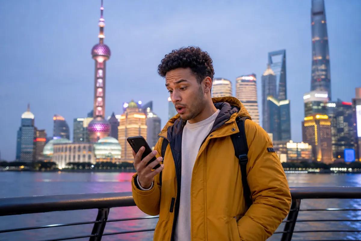 Stunned traveler staring at his phone with Shanghai's lit-up skyline at dusk behind him
