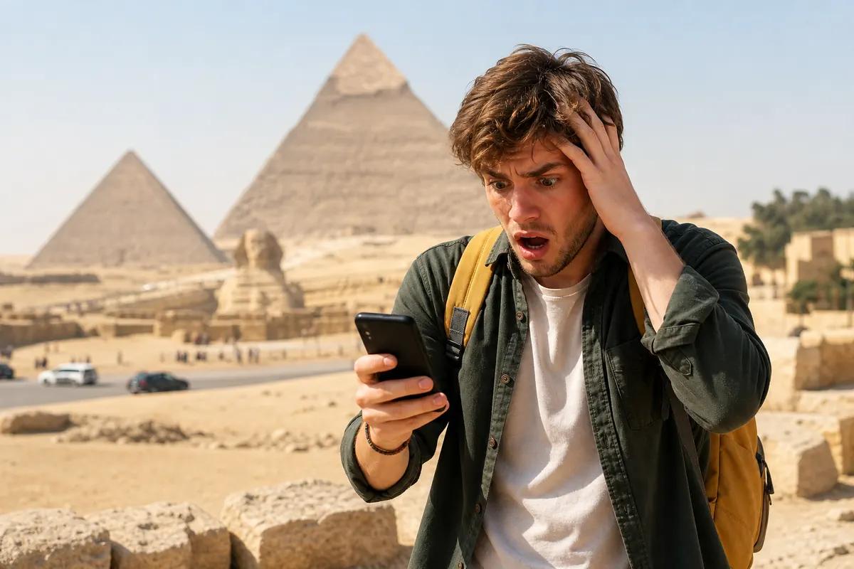 Dismayed traveler holding his head while staring at his phone, pyramids and sphinx behind him