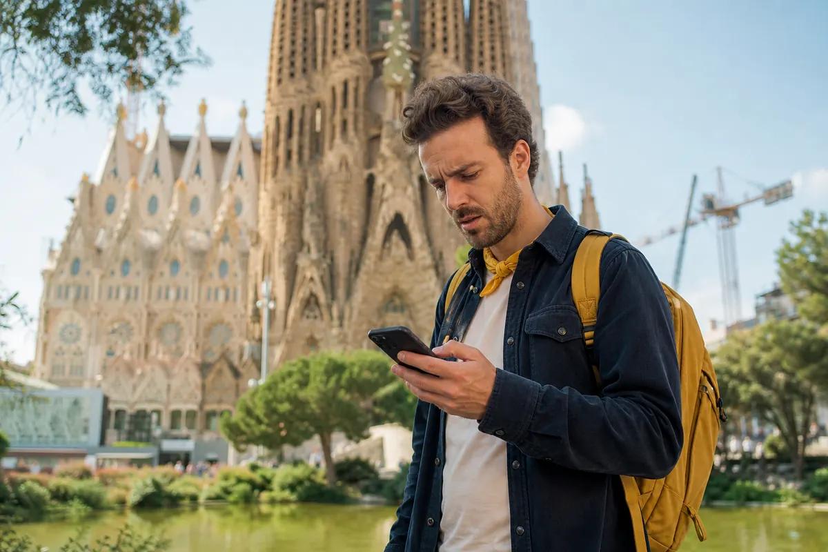 Traveler frowning at his phone in front of a basilica with ornate sculpted spires