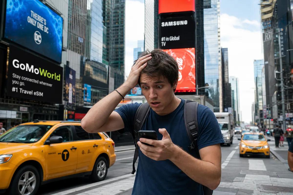 Young man shocked at his smartphone amid yellow cabs and giant billboards in Times Square