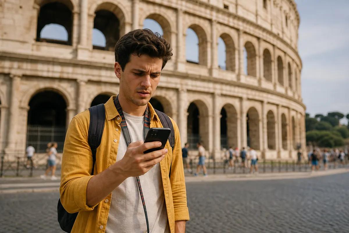 Backpacker frowning at his phone in front of a Roman amphitheatre crowded with visitors