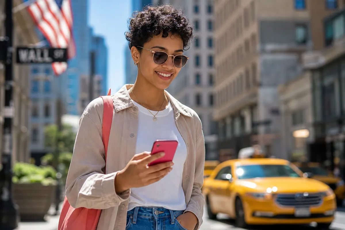 Voyageur utilisant son smartphone aux États-Unis grâce à une eSIM