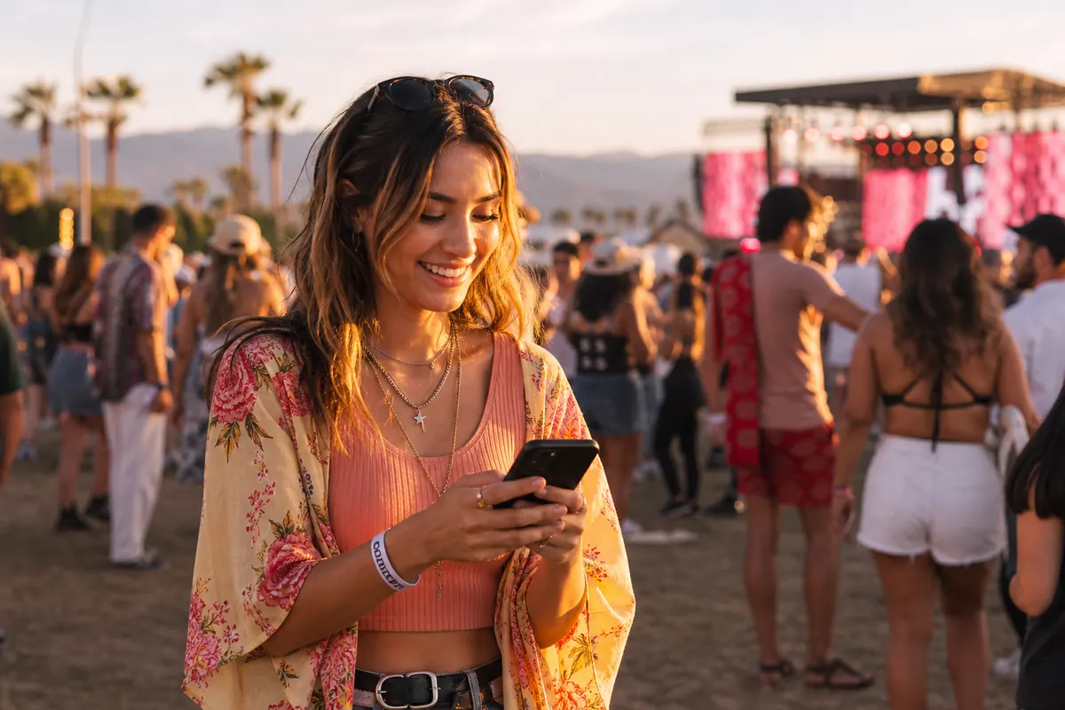 Jeune festivalier utilisant son smartphone dans la foule à Coachella.