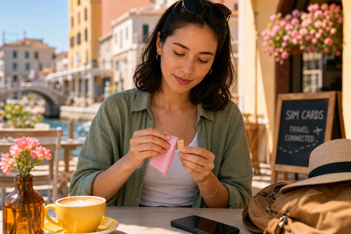 Voyageur nettoyant doucement une carte SIM avec un chiffon en microfibre