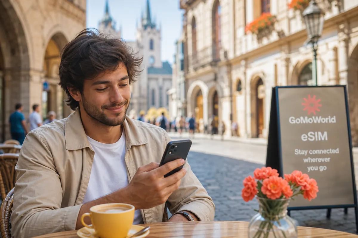 Voyageur détendu utilisant son smartphone en terrasse de café à l'étranger.
