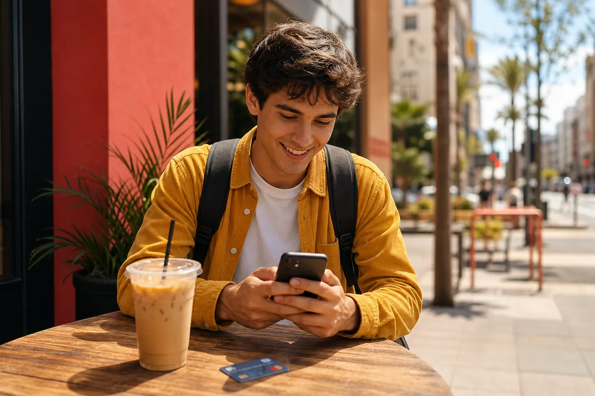 Étudiant voyageur avec smartphone et café glacé dans une ville américaine.