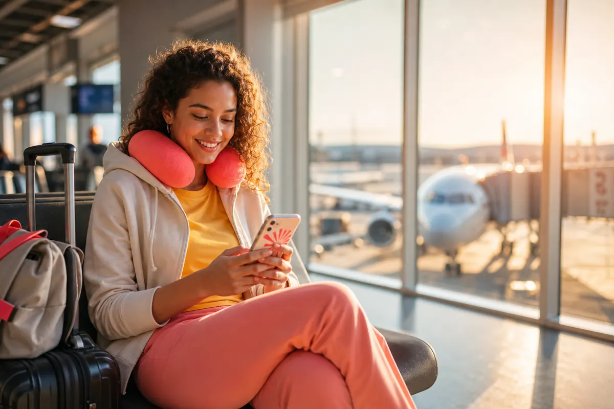 Voyageuse configurant son forfait internet eSIM sur smartphone pour les États-Unis.