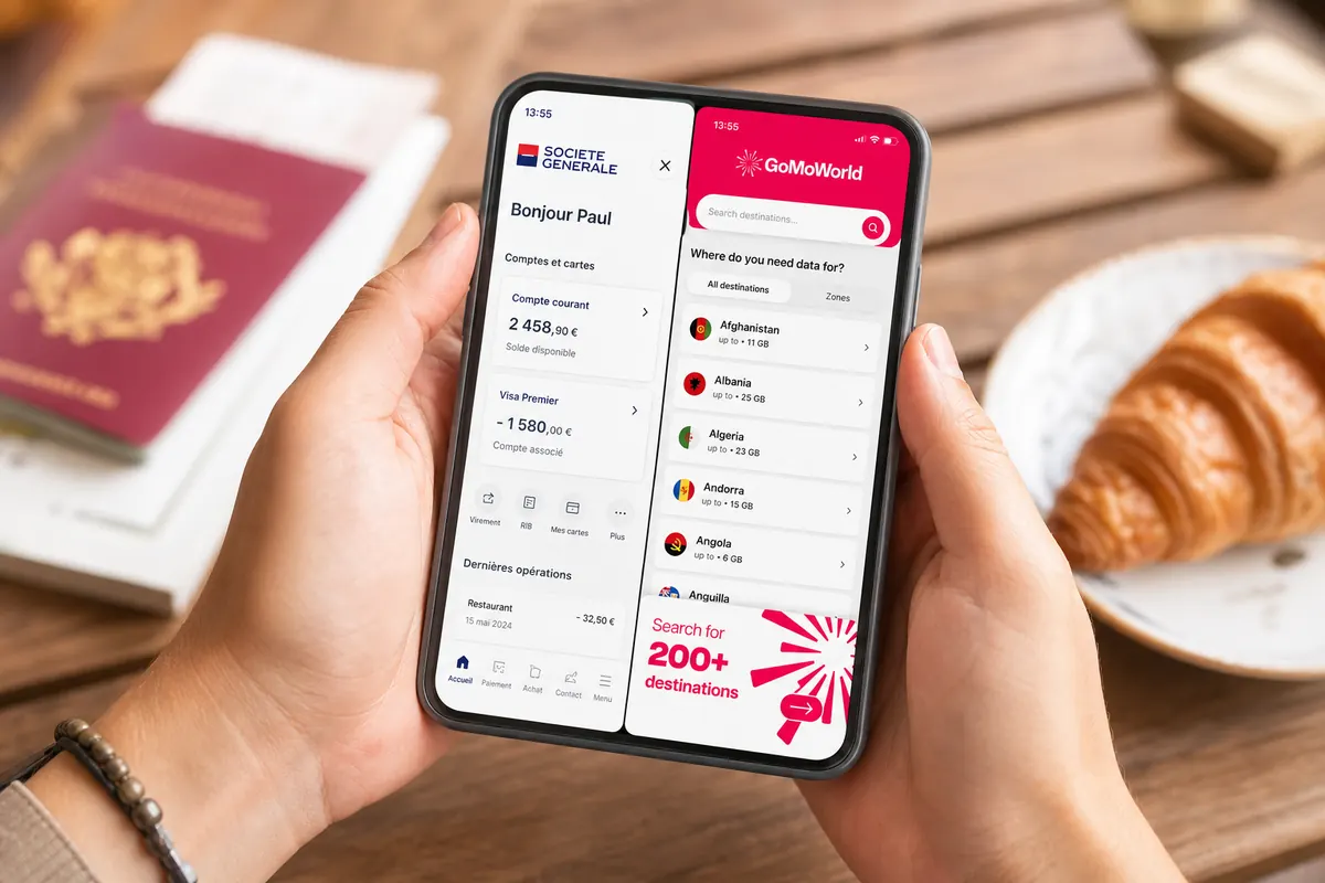 Un écran de smartphone divisé en deux. À gauche, l'icône d'une banque française