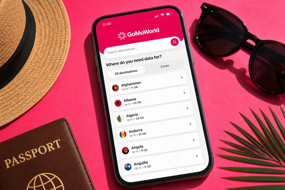 Capture d'écran stylisée de l'application GoMoWorld sur fond coloré, montrant le
