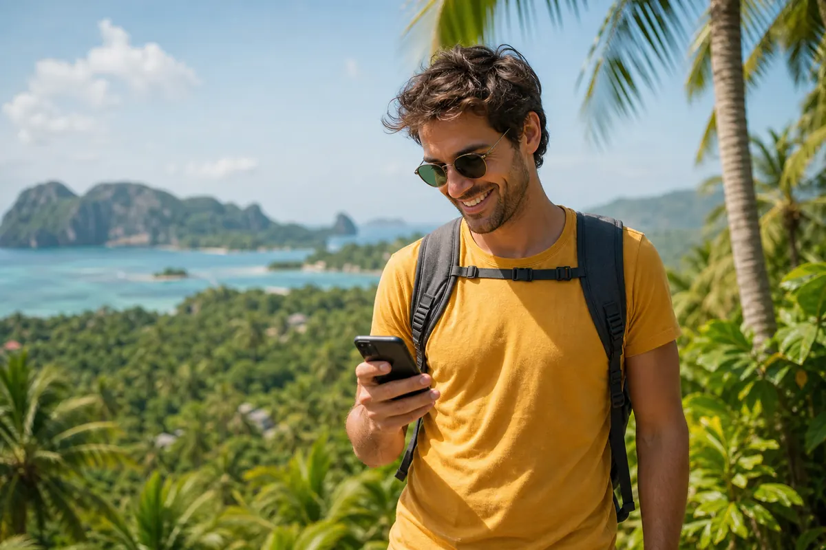Voyageur connecté avec son smartphone dans un paysage tropical ensoleillé.