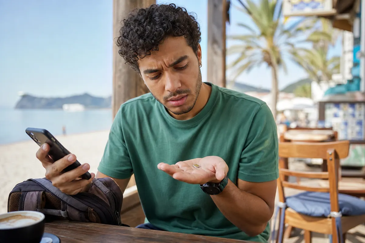 Voyageur examinant une carte SIM physique défectueuse avec son smartphone.
