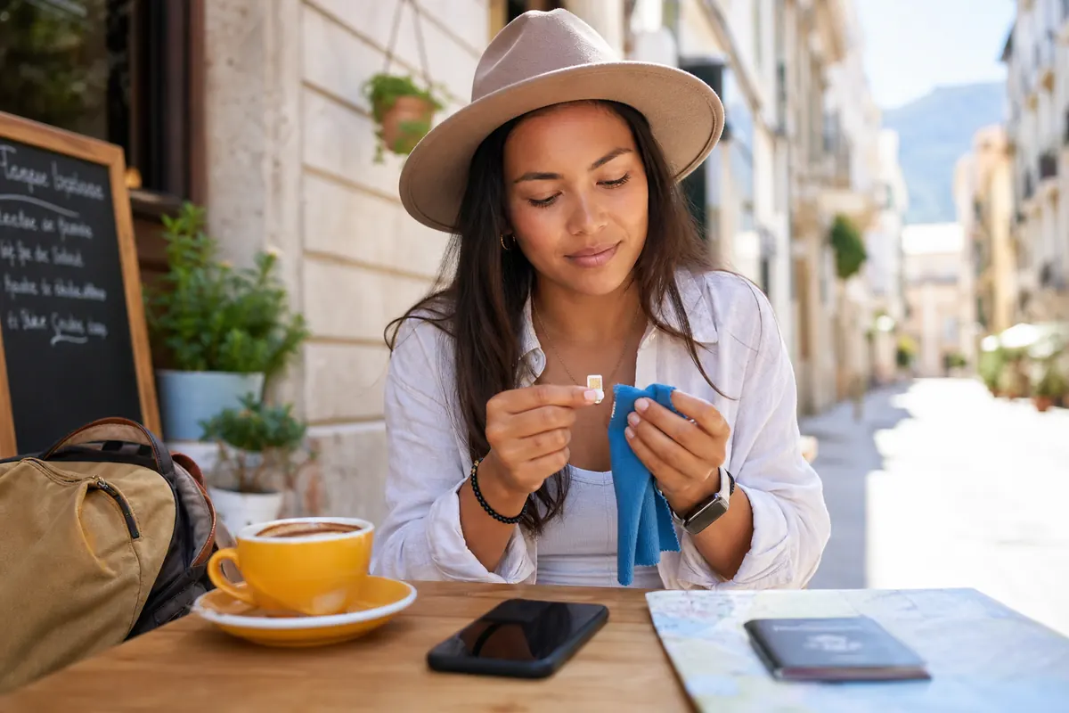 Voyageur nettoyant délicatement une carte SIM avec un chiffon microfibre bleu.