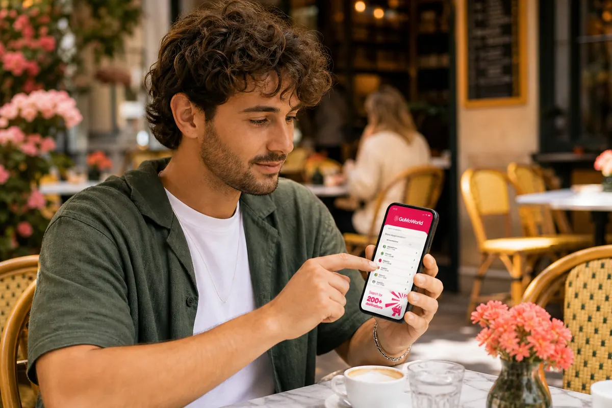 Voyageur ajustant les réglages réseau de son téléphone en terrasse.