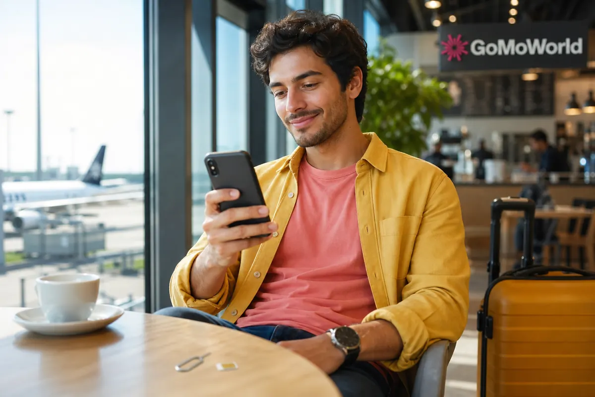 Voyageur utilisant une eSIM sur son smartphone, carte SIM physique abandonnée.