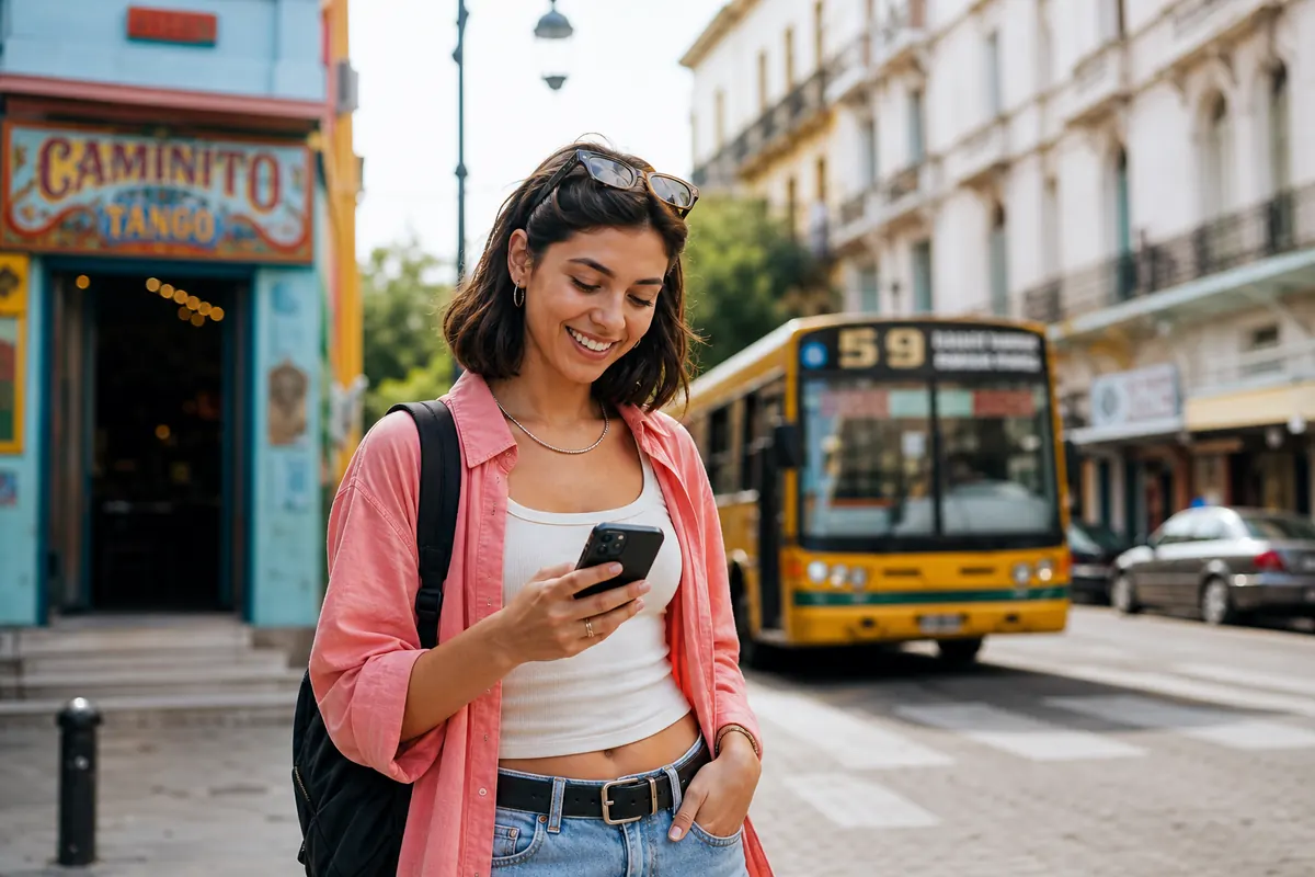Voyageur utilisant son smartphone pour naviguer dans les rues de Buenos Aires.