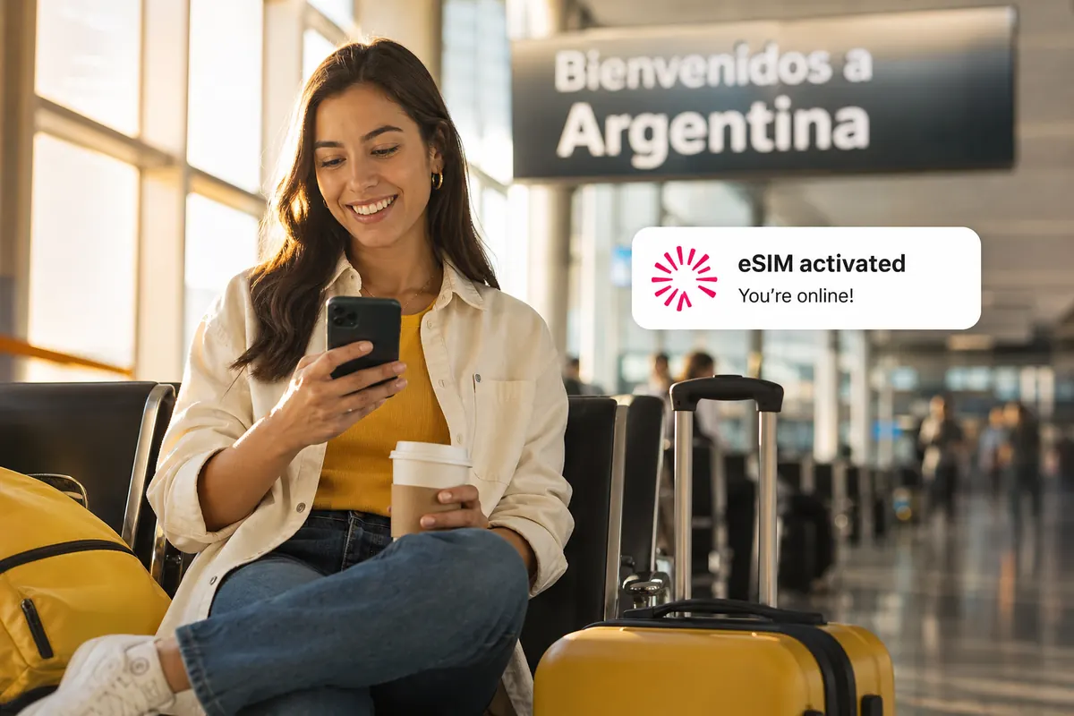 Jeune voyageur connecté avec une eSIM dès son arrivée en Argentine