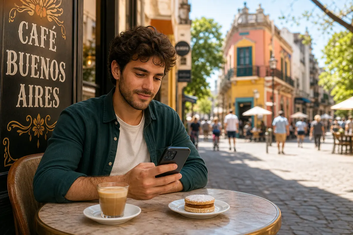 Voyageur utilisant son smartphone dans un café typique de Buenos Aires.
