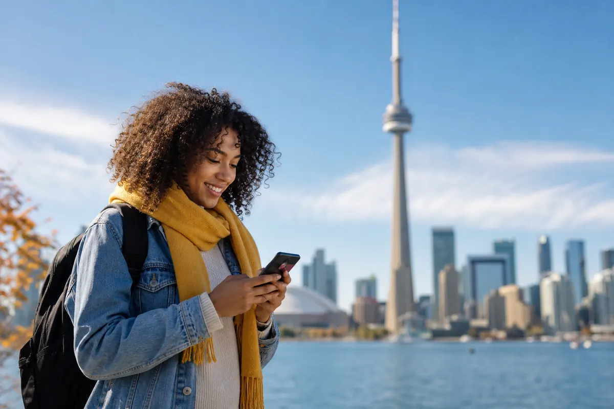 Jeune voyageur utilisant son smartphone devant la skyline de Toronto au Canada.