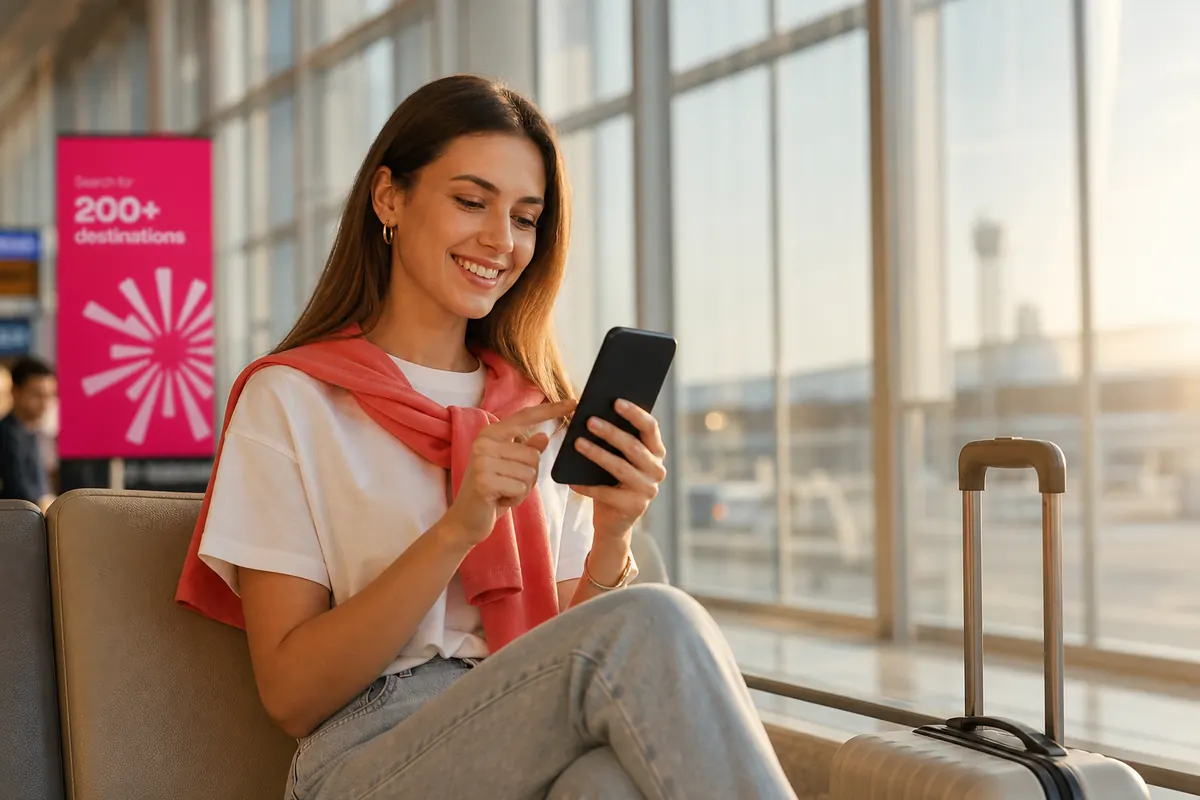 Voyageur souriant configurant facilement son application eSIM sur smartphone à l'aéroport.