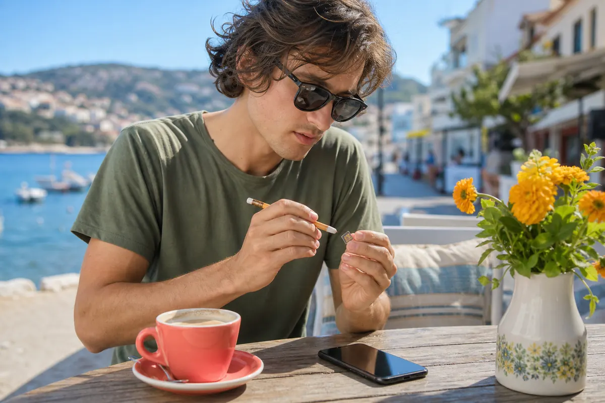Voyageur nettoyant délicatement une carte SIM endommagée avec une gomme blanche.