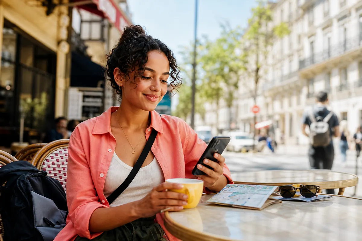 Voyageur souriant consultant son smartphone pour gérer son budget internet