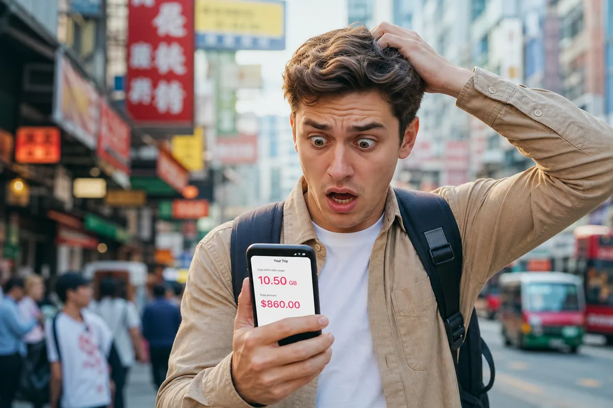 Voyageur stressé regardant son téléphone en ville suite au hors forfait.