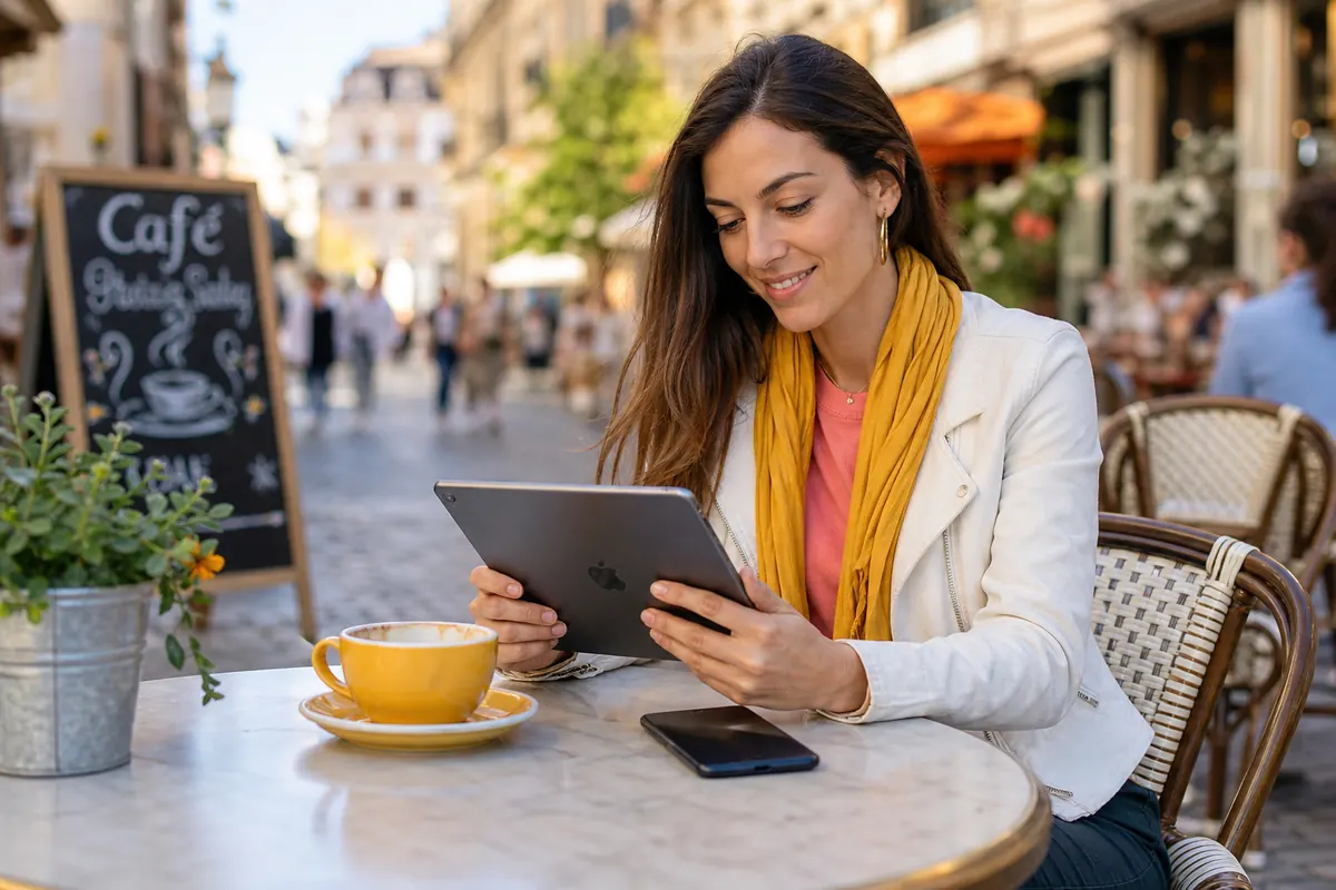 Voyageur utilisant son smartphone comme hotspot pour son iPad au café