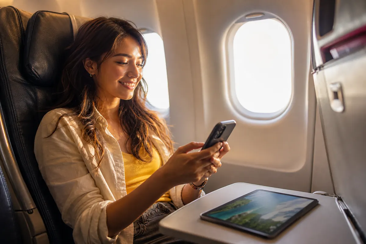 Voyageur souriant dans l'avion connectant son iPad via son smartphone