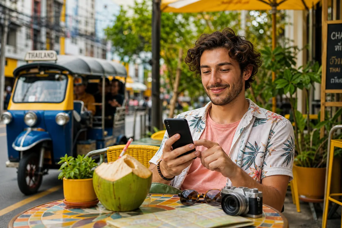 Voyageur activant facilement son forfait eSIM sur son smartphone en Thaïlande