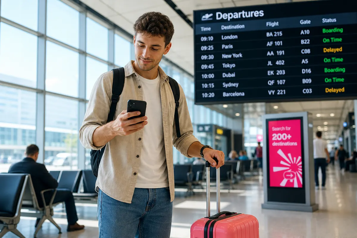 Voyageur regardant son smartphone devant le tableau des vols à l'aéroport.