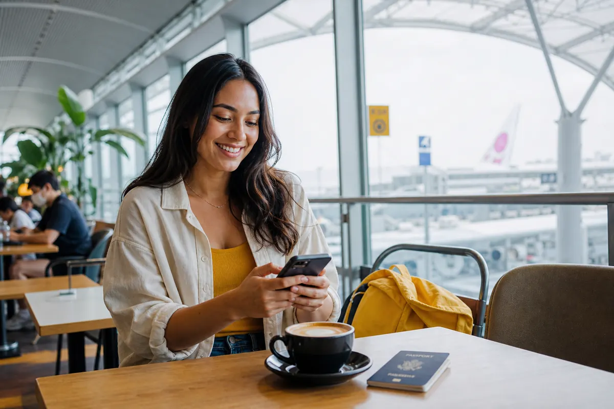 Voyageur utilisant une eSIM sur son smartphone dans un café d'aéroport.