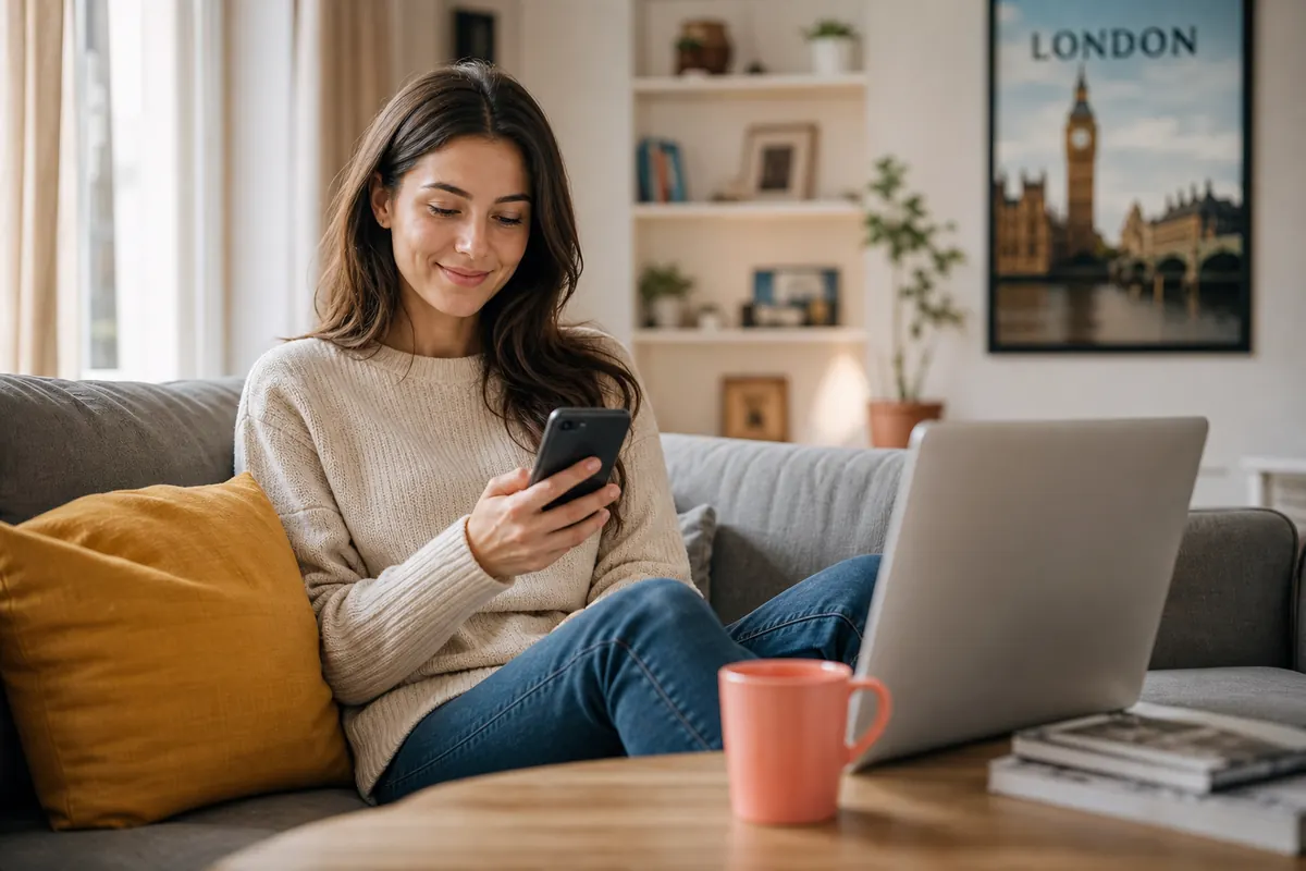 Femme comparant les forfaits internet pour l'Angleterre depuis son canapé.