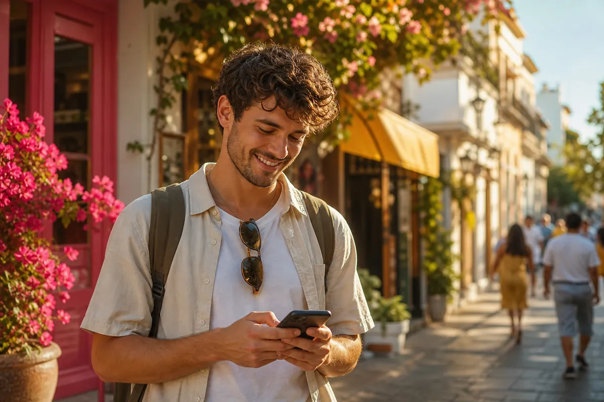 Voyageur confiant utilisant les données mobiles de son smartphone à l'étranger.