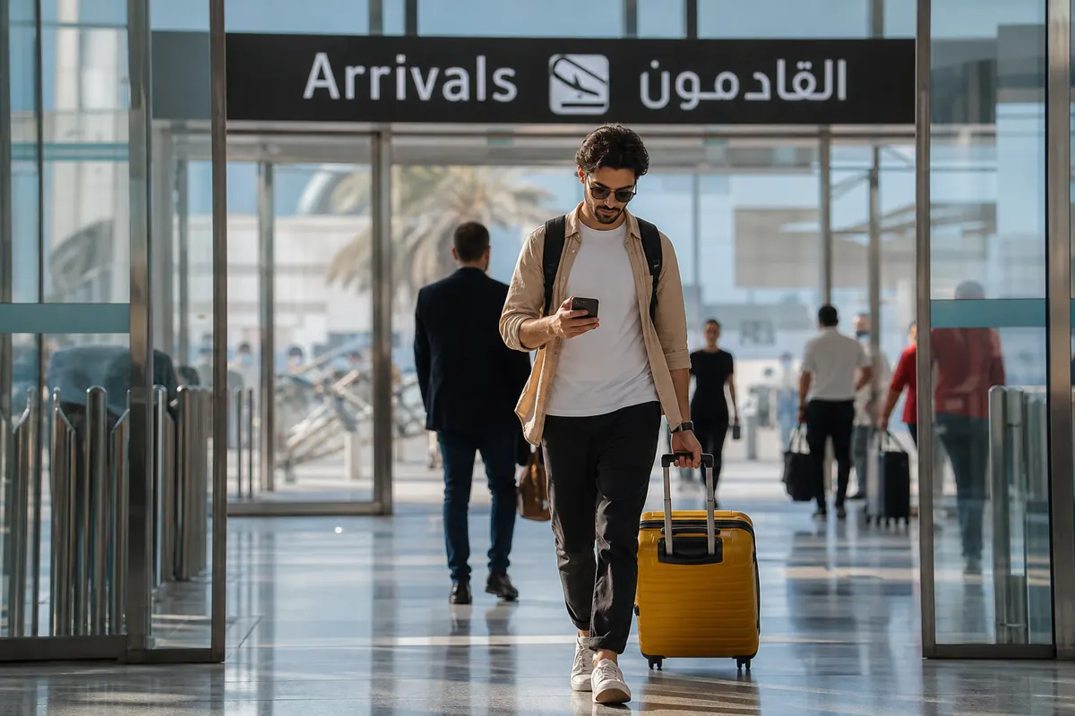 Voyageur avec valise regardant son téléphone à l'aéroport de Dubaï.