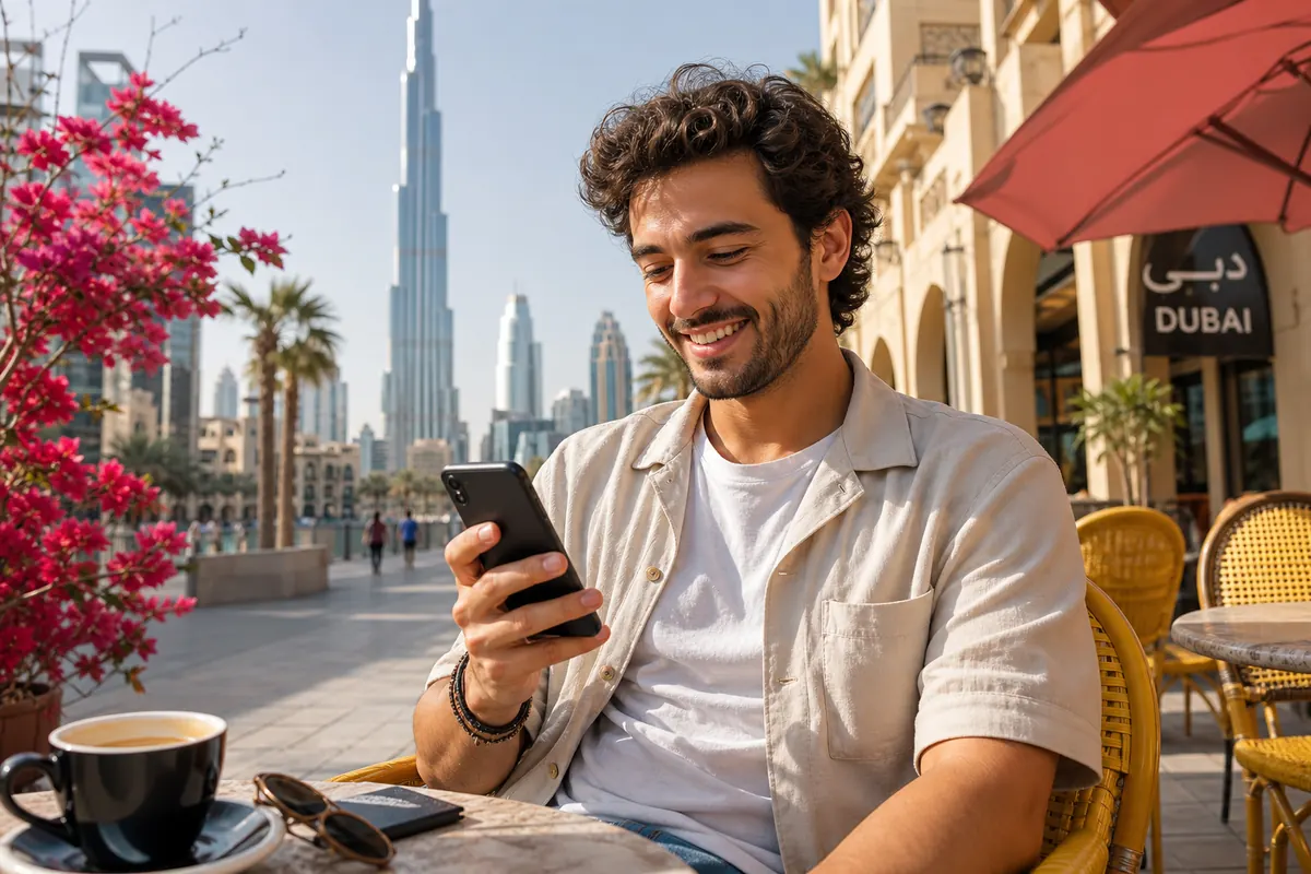 Étudiant connecté sur son smartphone à Dubaï avec une eSIM locale