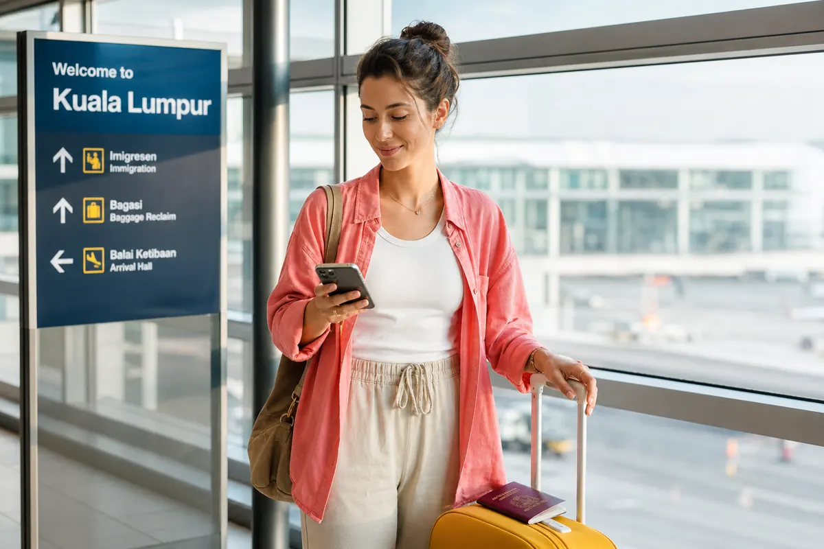 Voyageur consultant son smartphone avec passeport et valise à Kuala Lumpur.
