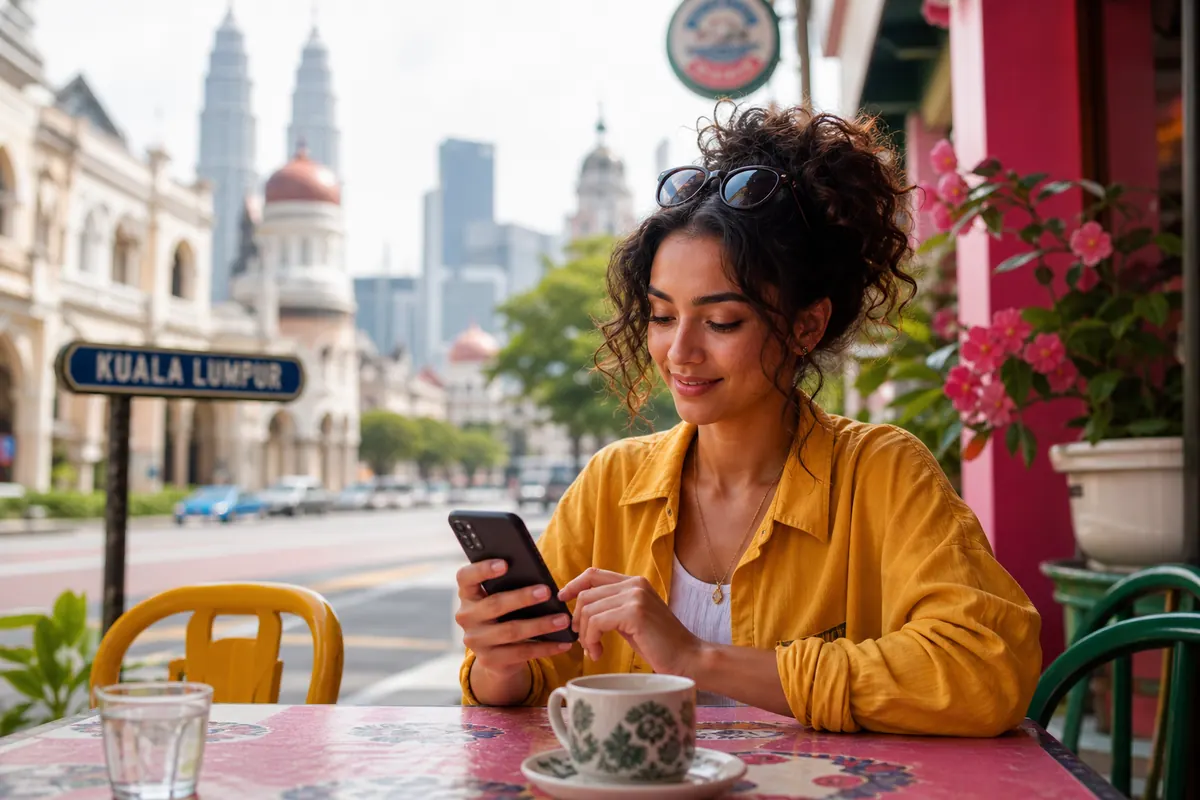 Voyageur utilisant son smartphone pour activer une eSIM en Malaisie.