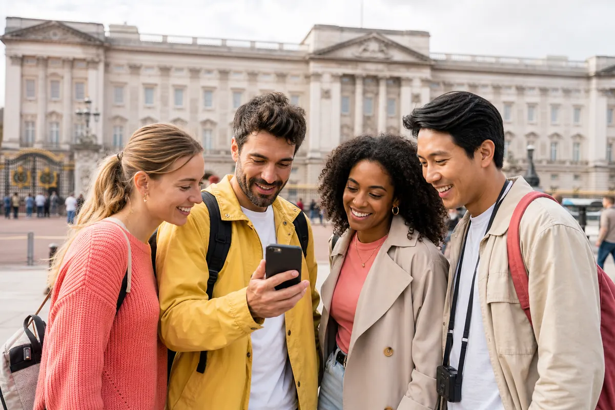 Connected travelers looking at a smartphone in front of Buckingham Palace.