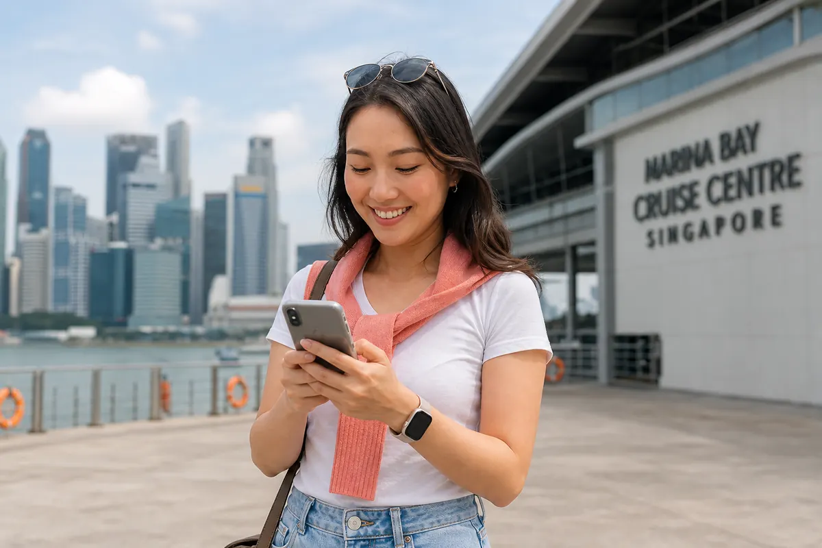 Traveler using her smartphone in Singapore without roaming charges