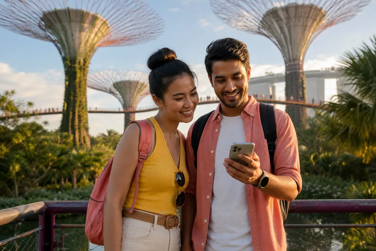 Two travelers sharing a mobile hotspot at Gardens by the Bay
