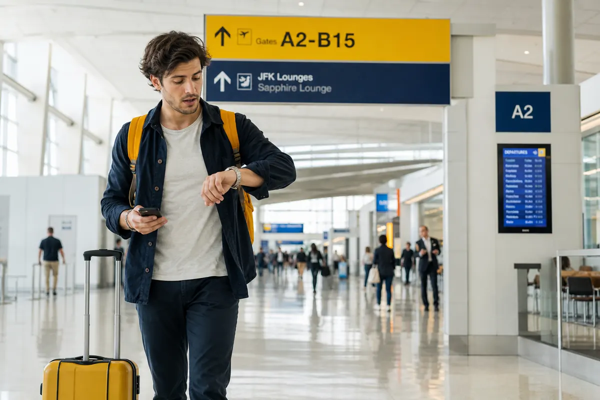Rushed traveler with smartphone and suitcase during a layover at JFK.