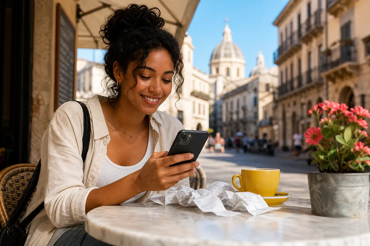 Relaxed traveler looking at their smartphone near paper expense reports.
