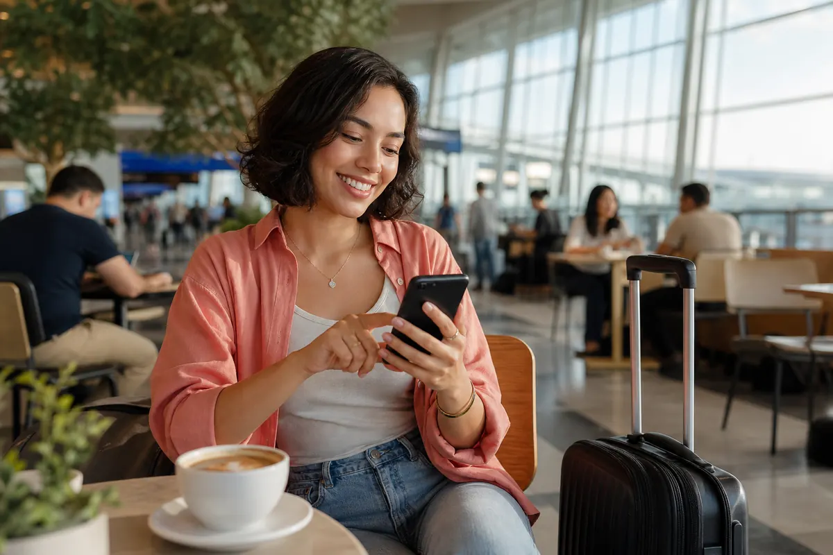 Young traveler easily setting up their eSIM internet plan on their smartphone.