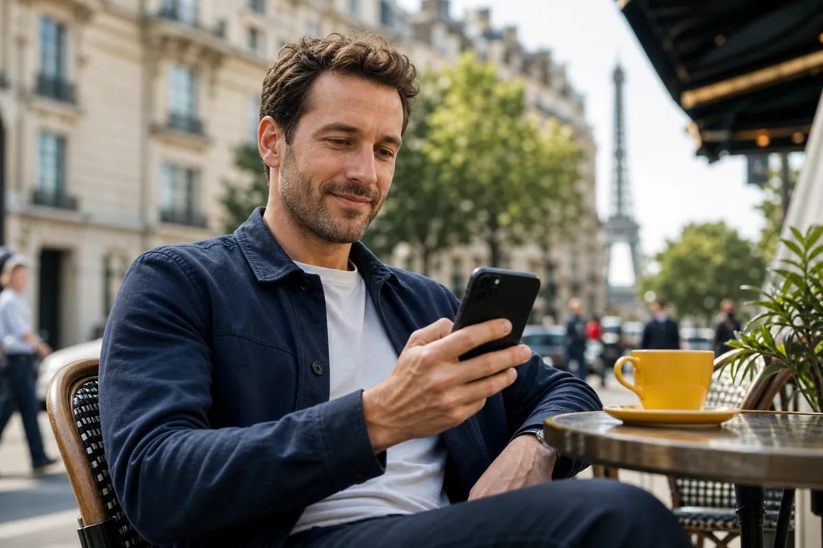 Business traveler using a smartphone in a skyscraper district.