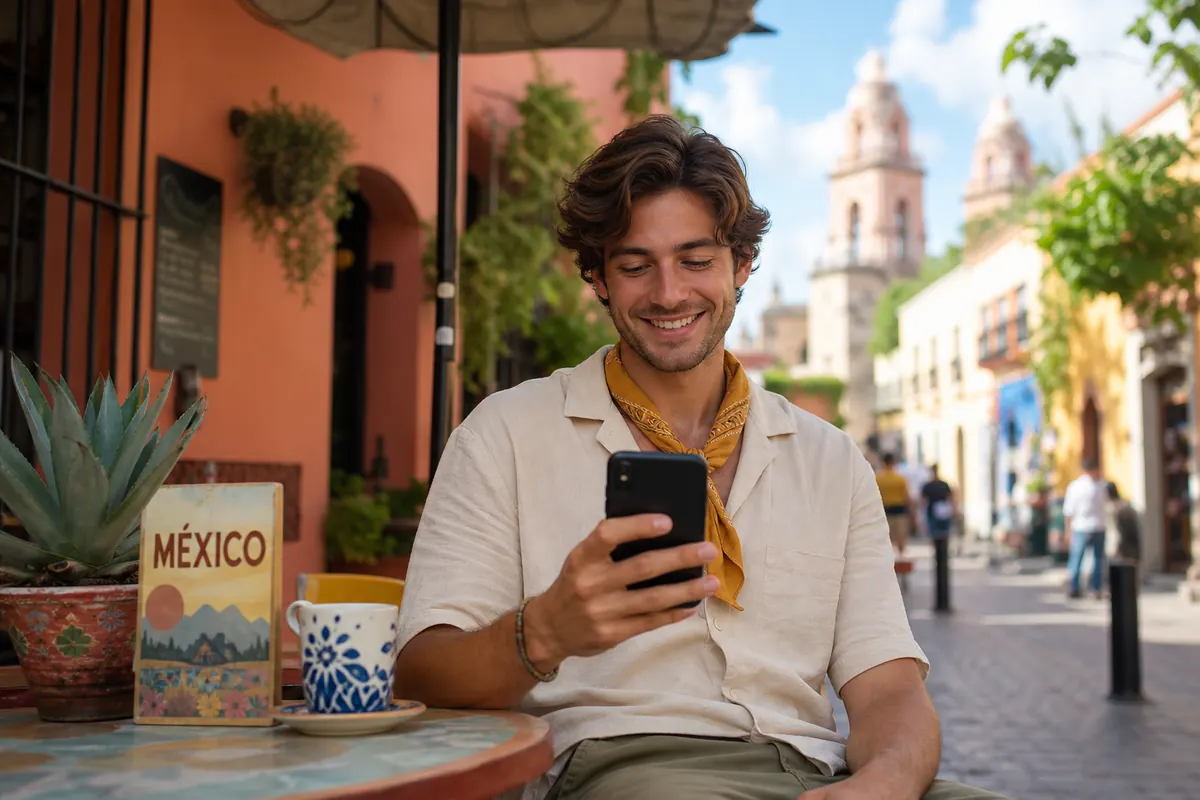 Traveler connected in Mexico managing their eSIM data plan on a smartphone.