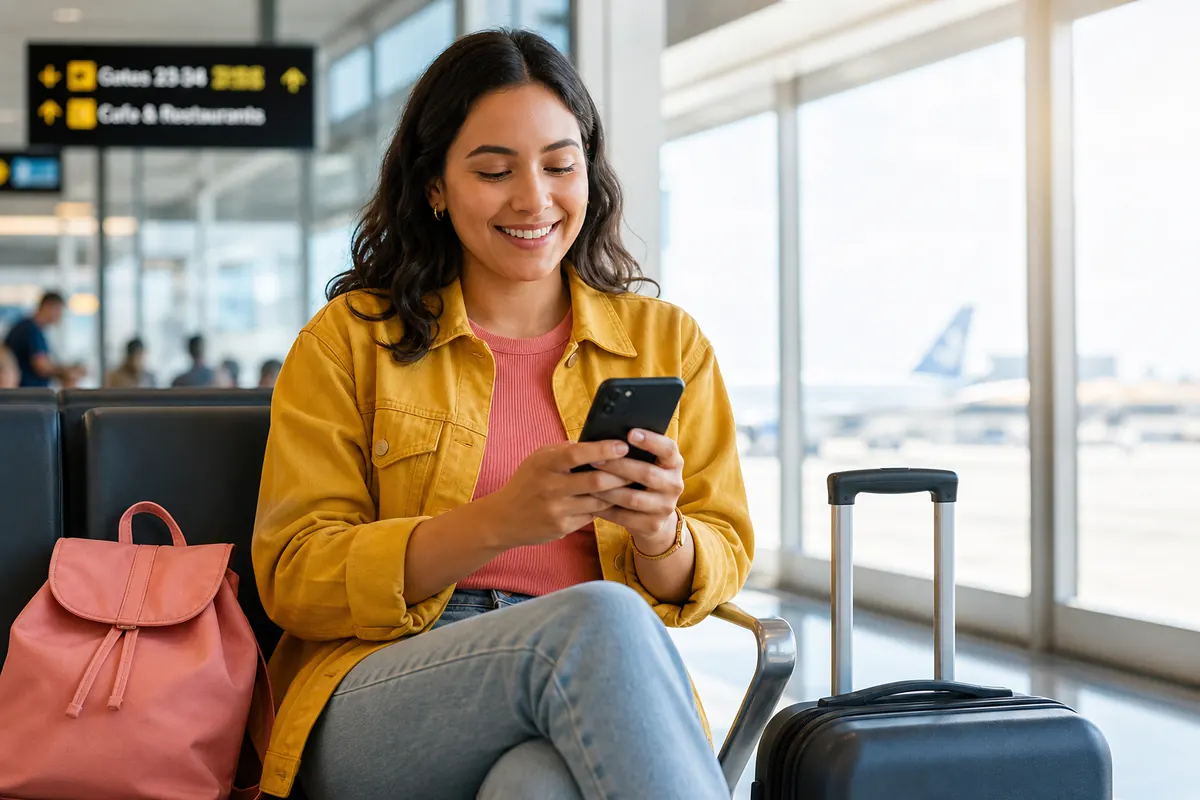 Traveler setting up their eSIM on a smartphone during an airport layover.