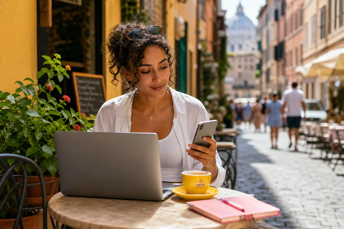 Student connected on laptop and smartphone in a cafe in Italy.