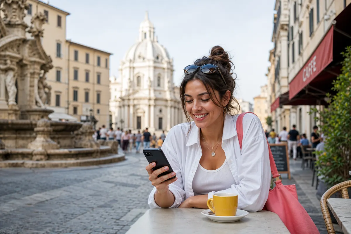 Erasmus student in Italy using their smartphone with an eSIM plan.