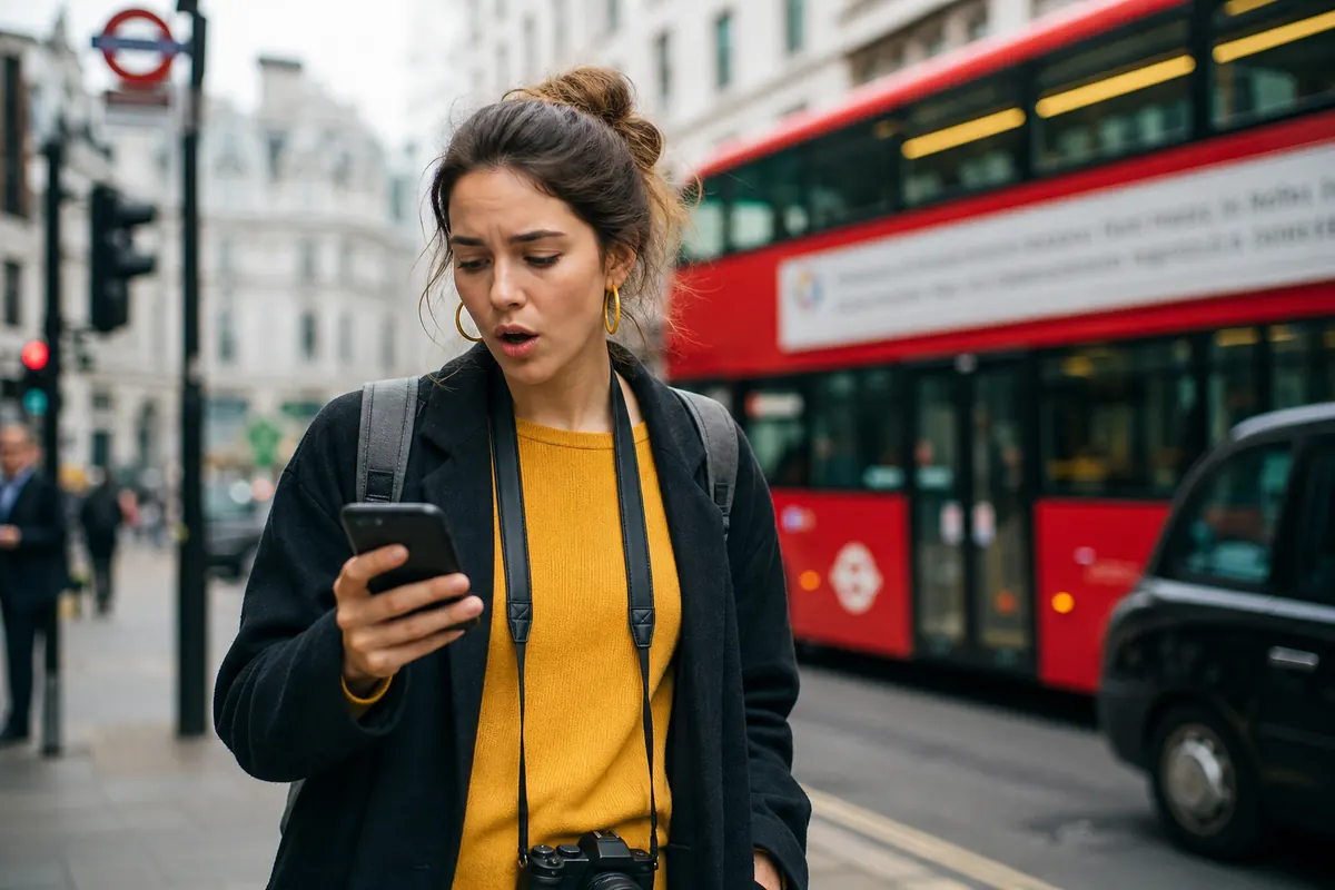 Worried student looking at smartphone in front of a red London bus.