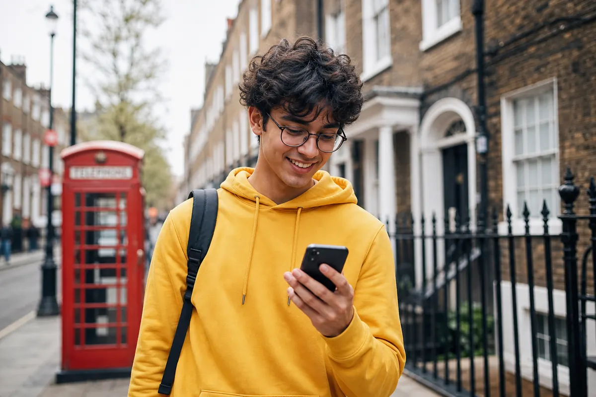 Erasmus student using smartphone stress-free in the UK.
